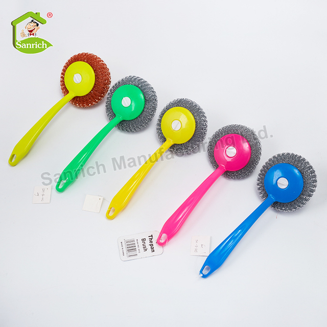 Kitchen Clean Long Handle Bbq Mesh Scourer Dish Pot Washing Scrubber Brush Pad With Handle