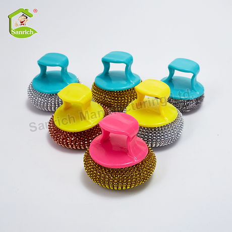 Kitchen Round Stainless Steel Wire Mesh Scourer Bbq Pot Cleaning Ball Copper Scrubber Pad Cleaning Products with Handle