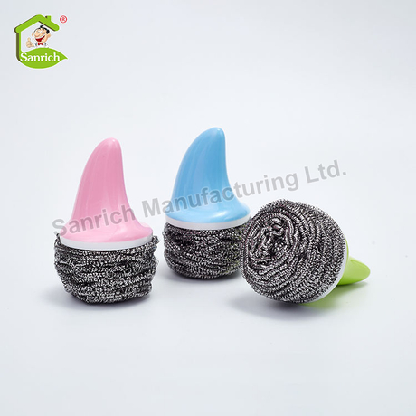 Reusable Dish Scrubbers Cleaning Brush Stainless Steel Washing Up Mesh Spiral Scourer Ball Head with Plastic Handle