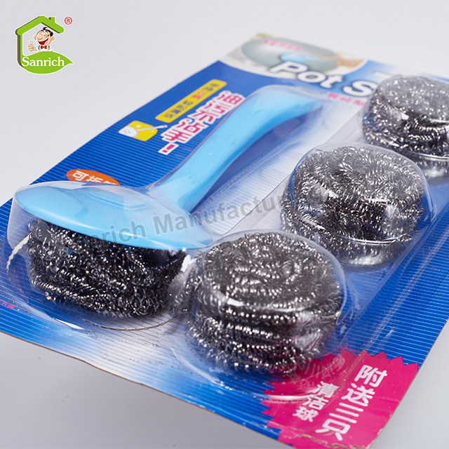 Household Pot And Dishwashing Brushes Spiral Stainless Steel Wire Scourer / Scrubber Cleaning Ball For Kitchen Cleaning With Removable Handle