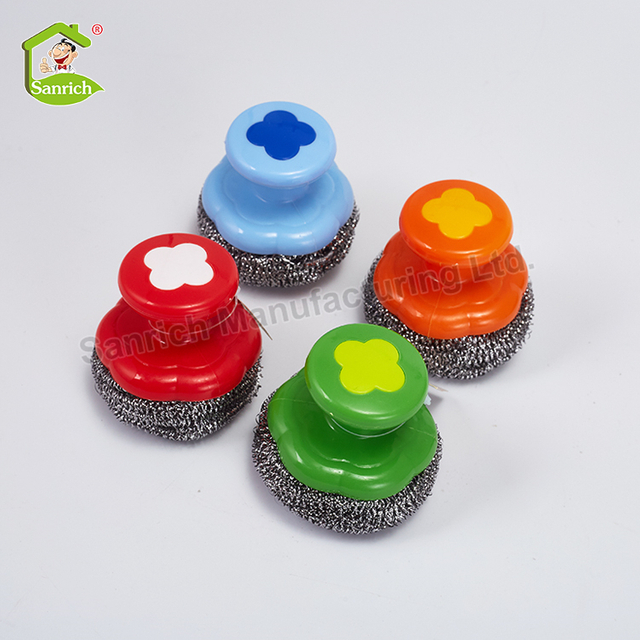 Household Cleaning Scrubbers Stainless Steel Hand Scourer Daily Necessities Metal Cleaning Ball With Short Handle