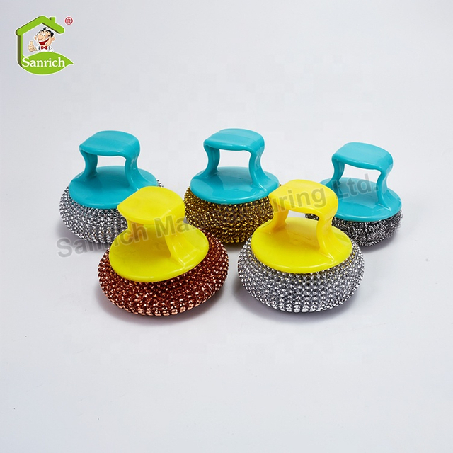 Kitchen Round Stainless Steel Wire Mesh Scourer Bbq Pot Cleaning Ball Copper Scrubber Pad Cleaning Products with Handle