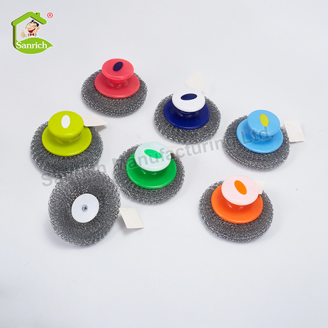 Kitchen Dish Bowl Cleaning Brush Set Galvanized Steel Wool Wire Mesh Scourer Pot Scrubber Ball with Short Handle
