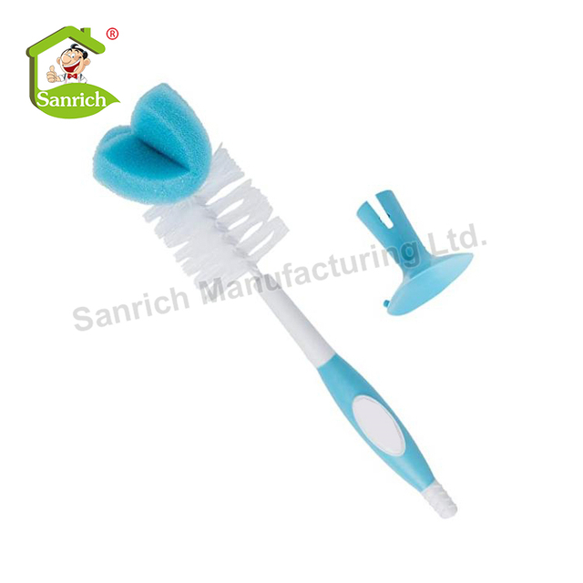 Grooved No-slip Handle Plastic Baby Milk Bottle Combination Sponge And Bristles Brush
