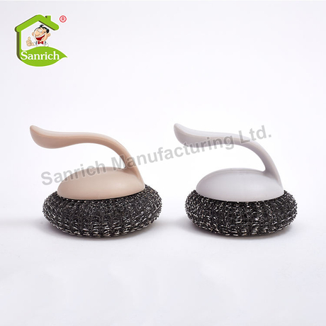 Stainless Steel Washing Up Mesh Scourer Ball Head with Plastic Handle Kitchen Cleaning Ball