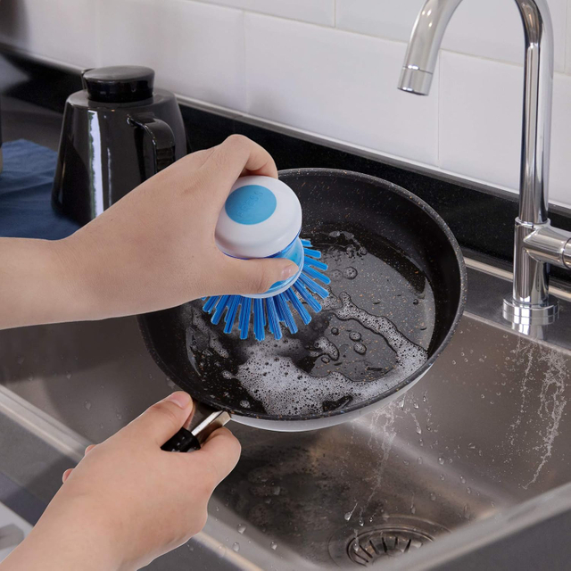 Kitchen Dishwashing Brush Scrubber Cleaning Cleaner Dish Soap Brush Grips Press Soap Dispensing Palm Brush