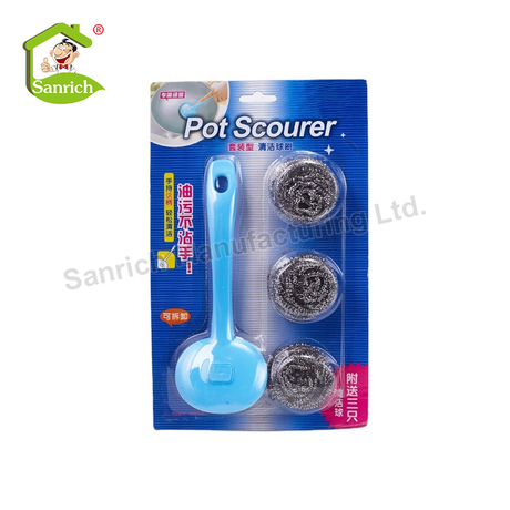 Household Pot And Dishwashing Brushes Spiral Stainless Steel Wire Scourer / Scrubber Cleaning Ball For Kitchen Cleaning With Removable Handle