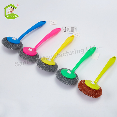 Kitchen Clean Long Handle Bbq Mesh Scourer Dish Pot Washing Scrubber Brush Pad With Handle
