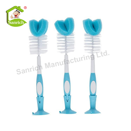 Grooved No-slip Handle Plastic Baby Milk Bottle Combination Sponge And Bristles Brush