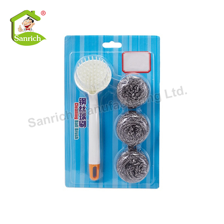 Stainless Steel Wire Mesh Scrubber SS410 Raw Material Scourer Kitchen Round Cleaning Ball With Removable Handle