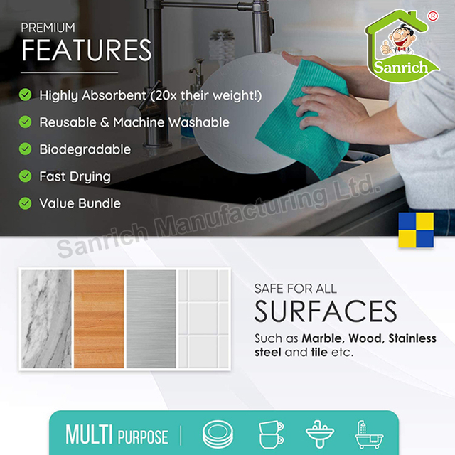 Custom Biodegradable Kitchen Towel Easy Clean Swedish Dishcloth Water Clean Cellulose Sponge Dish Cleaning Washing Cloths Set