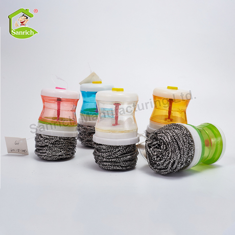 Colorful Handle Kitchen Cleaning Stainless Steel Round Pan Wire Scourer Pad with Short Handle