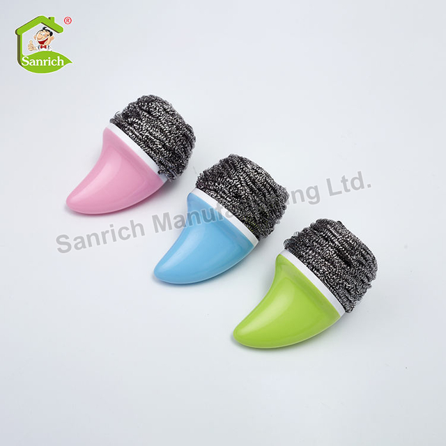 Reusable Dish Scrubbers Cleaning Brush Stainless Steel Washing Up Mesh Spiral Scourer Ball Head with Plastic Handle