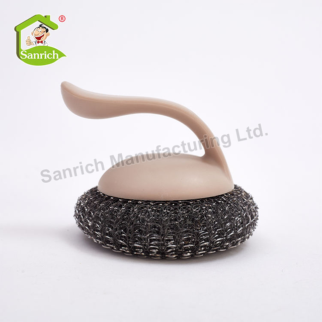 Stainless Steel Washing Up Mesh Scourer Ball Head with Plastic Handle Kitchen Cleaning Ball