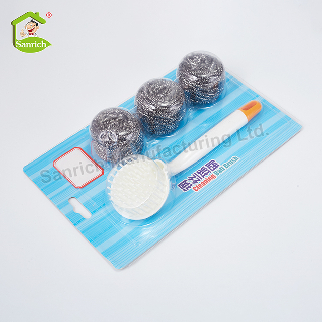 Stainless Steel Wire Mesh Scrubber SS410 Raw Material Scourer Kitchen Round Cleaning Ball With Removable Handle